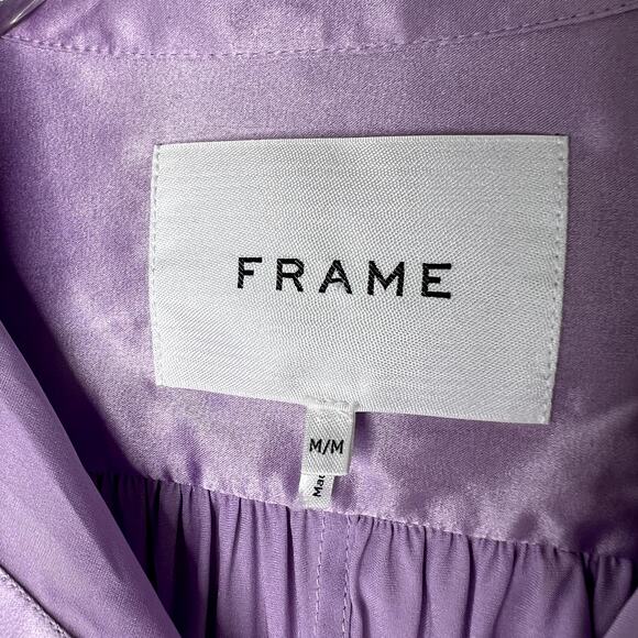 FRAME Gillian Top Silk Lilac Purple Button Front Ruched Puff Sleeve MEDIUM Satin - Picture 2 of 7